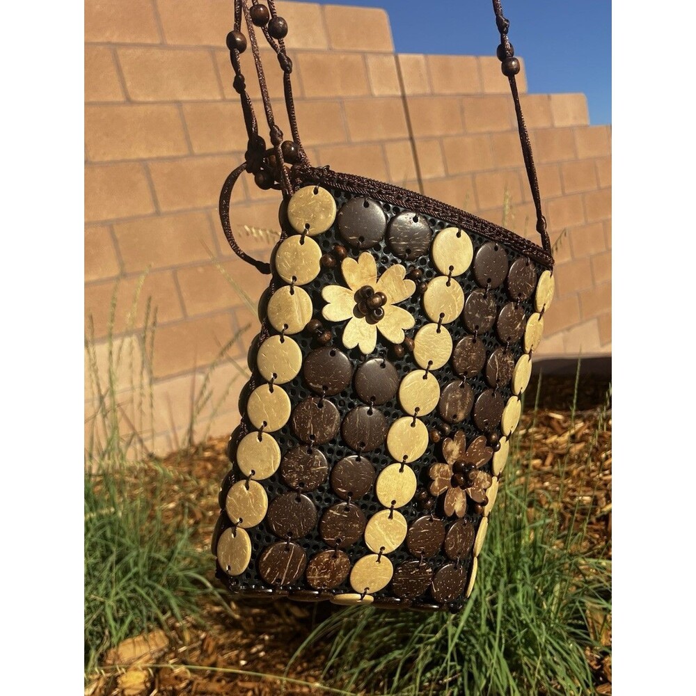 7”x5” Beaded Crossbody Bag Purse Beige Brown Smooth Beads